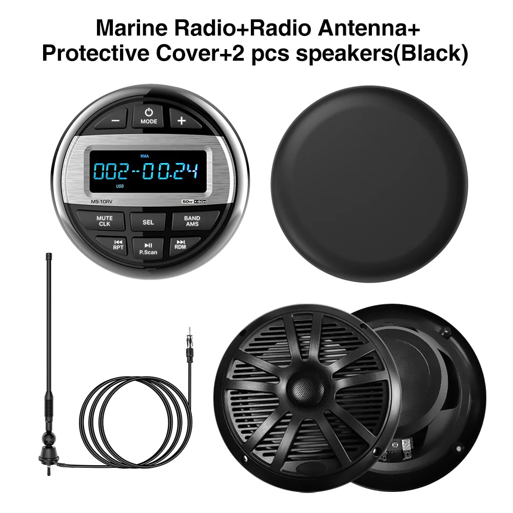 For RV Car Radio Bluetooth MP3 Music EQ Digital Media Player for ATV UTV Trolley Boat Marine Stereo 200W Speaker FM AM Antenna