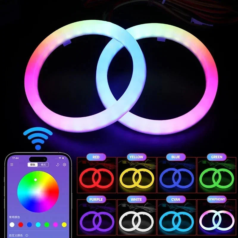 2PCS RGB Cotton LED Angel Eyes Halo Rings 60mm 70mm 80mm LED Headlight Lamps For Car UTV Motorcycle DRL Eyes APP Control