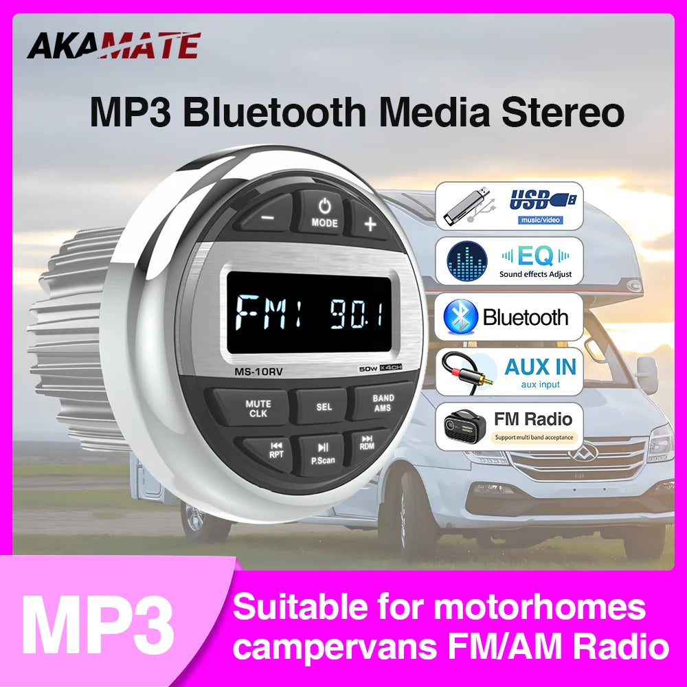 For RV Car Radio Bluetooth MP3 Music EQ Digital Media Player for ATV UTV Trolley Boat Marine Stereo 200W Speaker FM AM Antenna