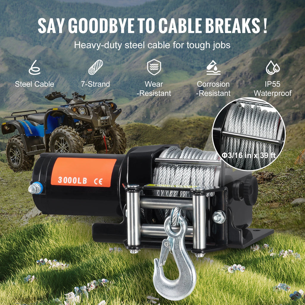 SucceBuy 3000lbs ATV/UTV Electric Winch 12V DC Steel Rope Winch with  39ft Cable Roller Wired Remote Control for Towing Off-Road