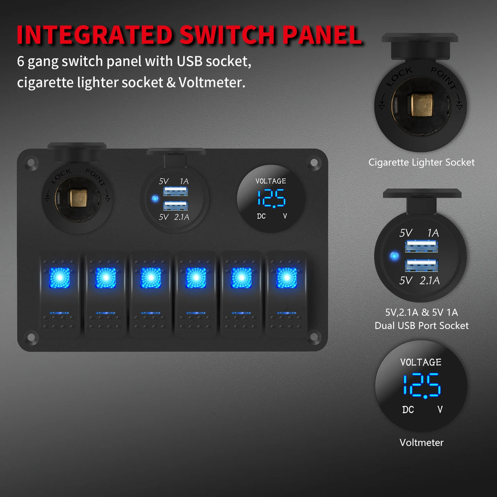 6 Gang Marine Rocker Switch Panel Waterproof 12 Volt, Boat Toggle Switch Panel 12V Blue LED Lighted for Boat Car RV UTV with USB