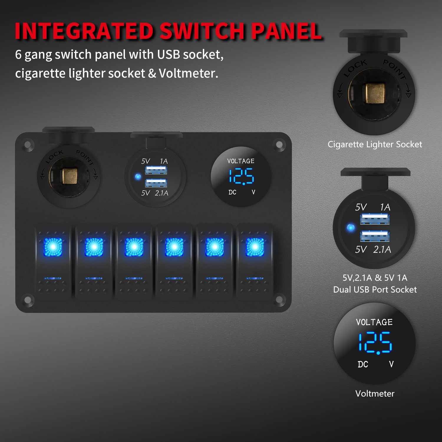 6 Gang Marine Rocker Switch Panel Waterproof 12 Volt, Boat Toggle Switch Panel 12V Blue LED Lighted for Boat Car RV UTV with USB