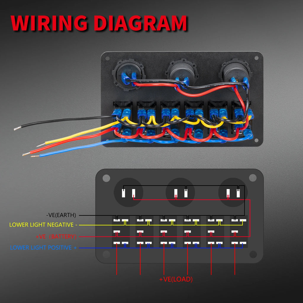 6 Gang Marine Rocker Switch Panel Waterproof 12 Volt, Boat Toggle Switch Panel 12V Blue LED Lighted for Boat Car RV UTV with USB