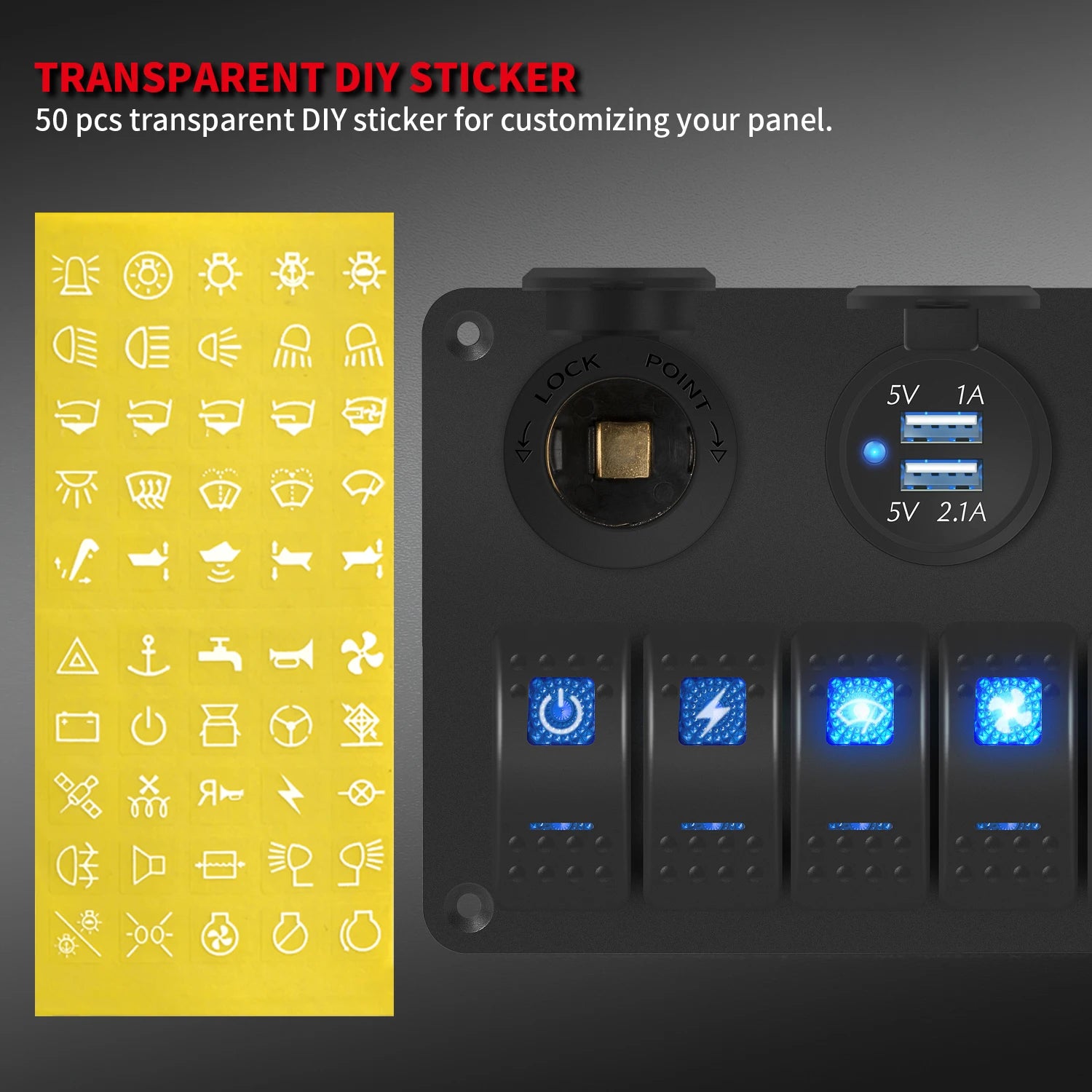 6 Gang Marine Rocker Switch Panel Waterproof 12 Volt, Boat Toggle Switch Panel 12V Blue LED Lighted for Boat Car RV UTV with USB