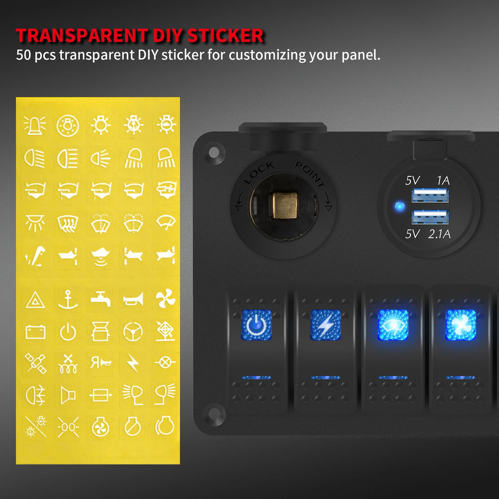 6 Gang Marine Rocker Switch Panel Waterproof 12 Volt, Boat Toggle Switch Panel 12V Blue LED Lighted for Boat Car RV UTV with USB