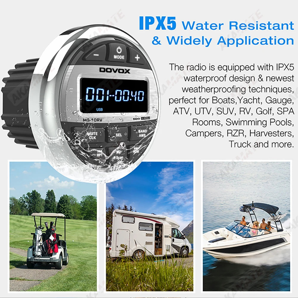 Boat Radio Media Player Marine Stereo MP3 Waterproof Bluetooth Audio Radio FM AM Receiver Fit for Harvesters ATV UTV SPA RZR