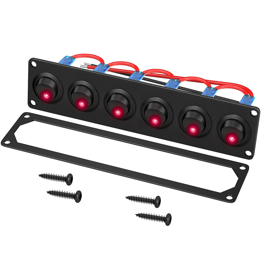 DaierTek 6 Gang Switch Panel 12V Rocker LED Switch Panel 3 Pin 12 VDC 20A SPST On-Off Switch for Marine Boat Car Jeep UTV Truck