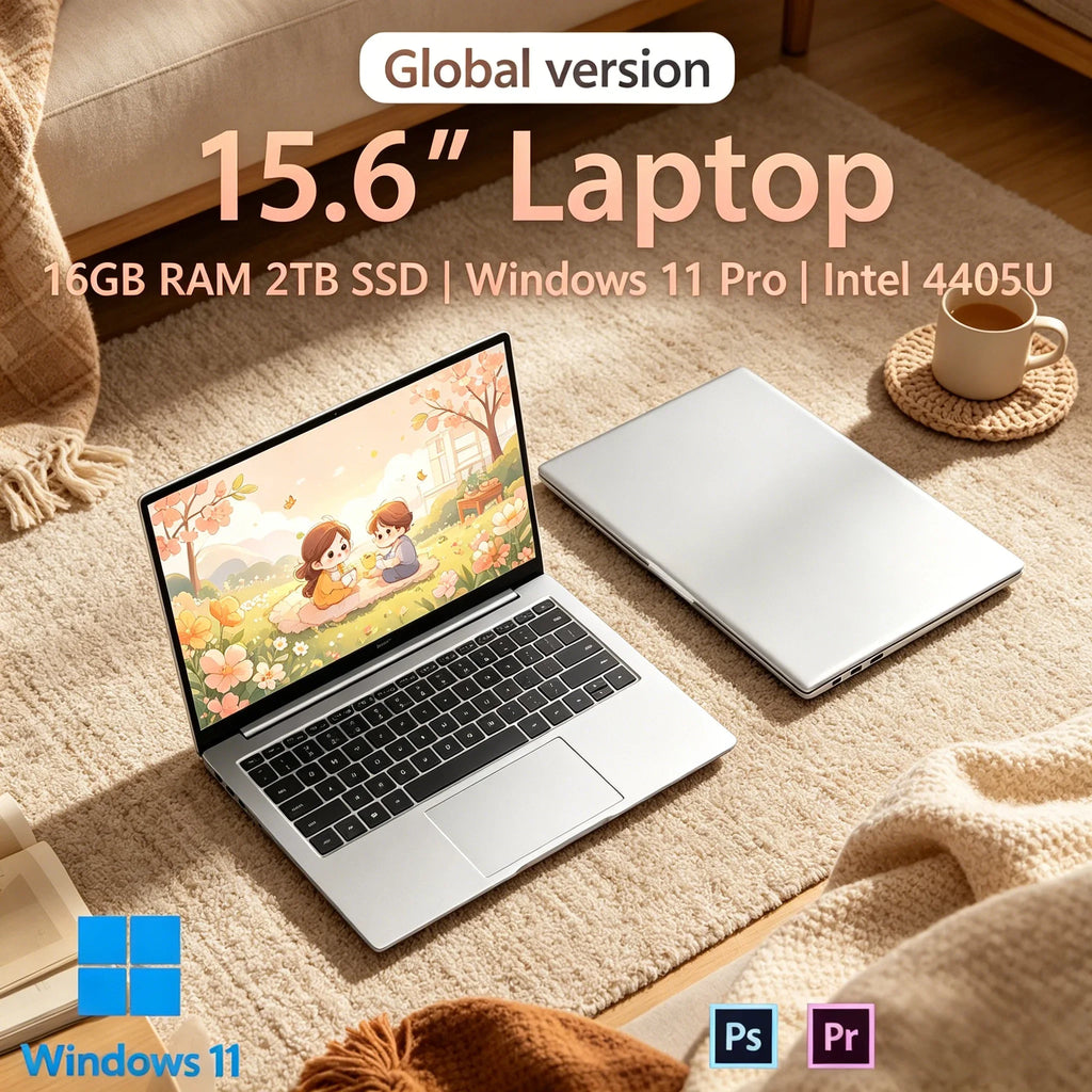 15.6 Inch Large Screen Laptop Intel 4405U 16GB RAM 2TB SSD Win11 Pro Portable Business Student Computer