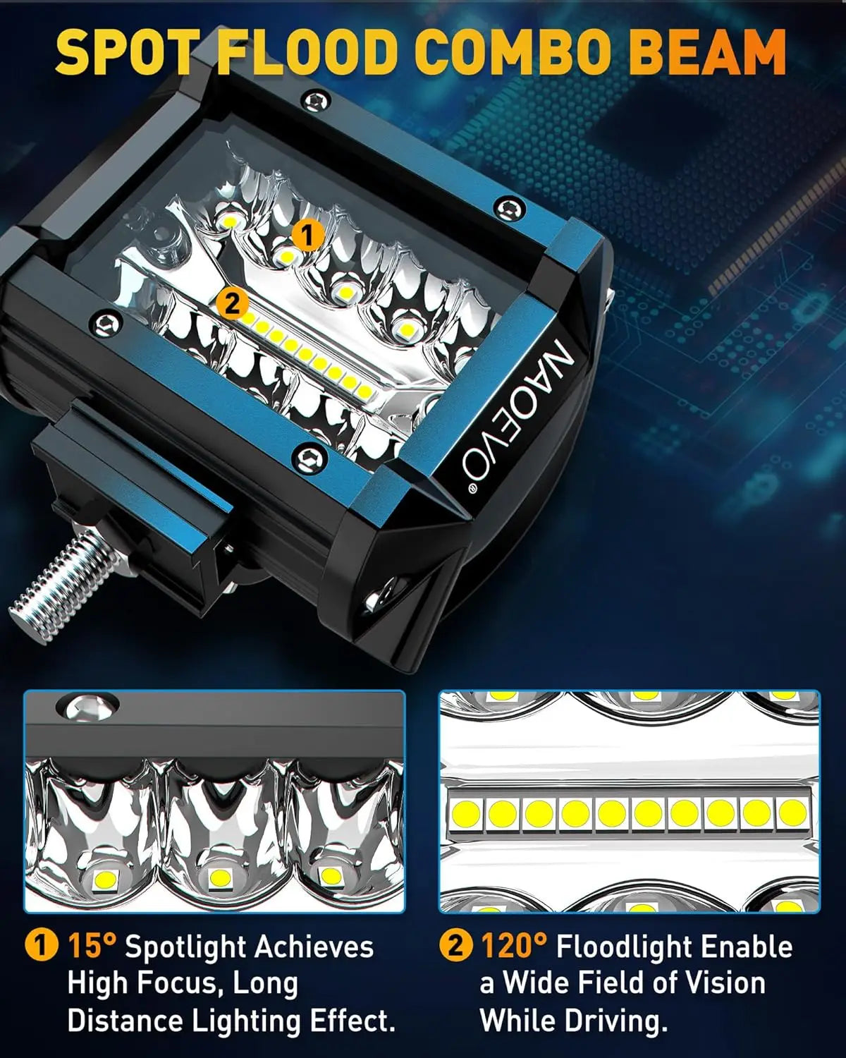 NAOEVO 4 Inch 2Pcs LED Pod Lights Spot Flood Combo LED Fog Driving 4x4 Off Road Lights Work Lights for Truck Boat ATV UTV Jeep