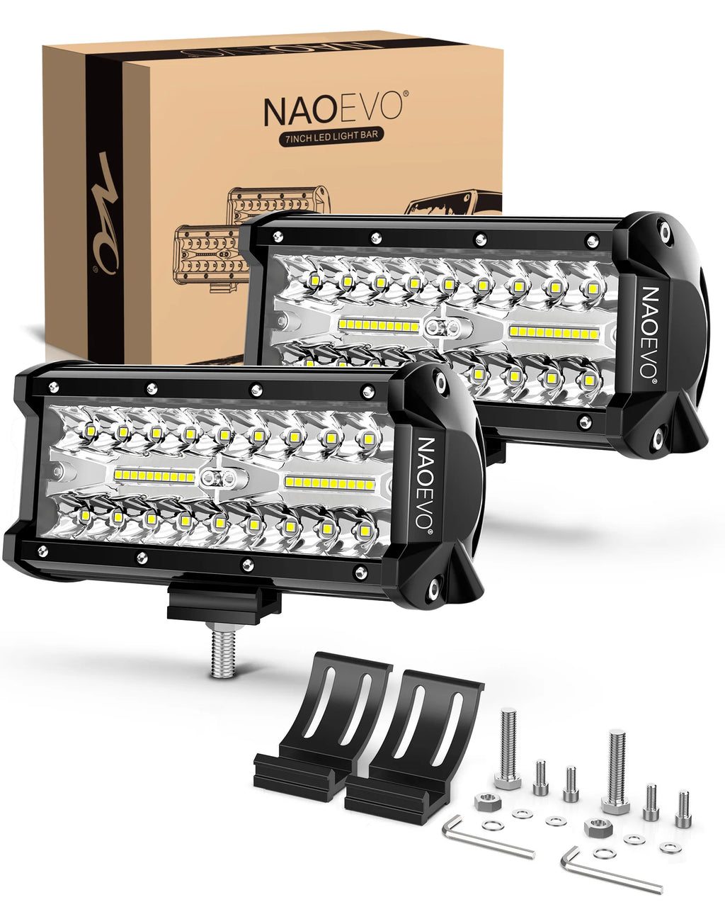 NAOEVO 7 inch LED Light Bar 240W 24000LM 4x4 Offroad Spot Flood Combo Fog LED Waterproof Work Lights for Truck Boat UTV ATV Jeep