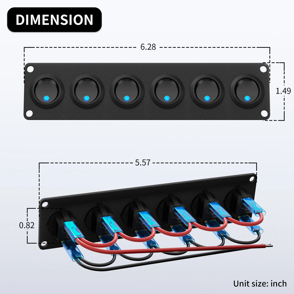 DaierTek 6 Gang Switch Panel 12V Rocker LED Switch Panel 3 Pin 12 VDC 20A SPST On-Off Switch for Marine Boat Car Jeep UTV Truck