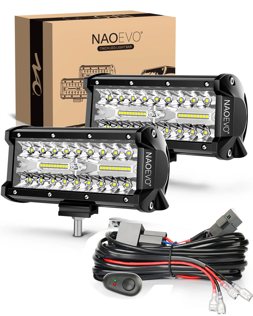 NAOEVO 7 inch LED Light Bar 240W 24000LM 4x4 Offroad Spot Flood Combo Fog LED Waterproof Work Lights for Truck Boat UTV ATV Jeep