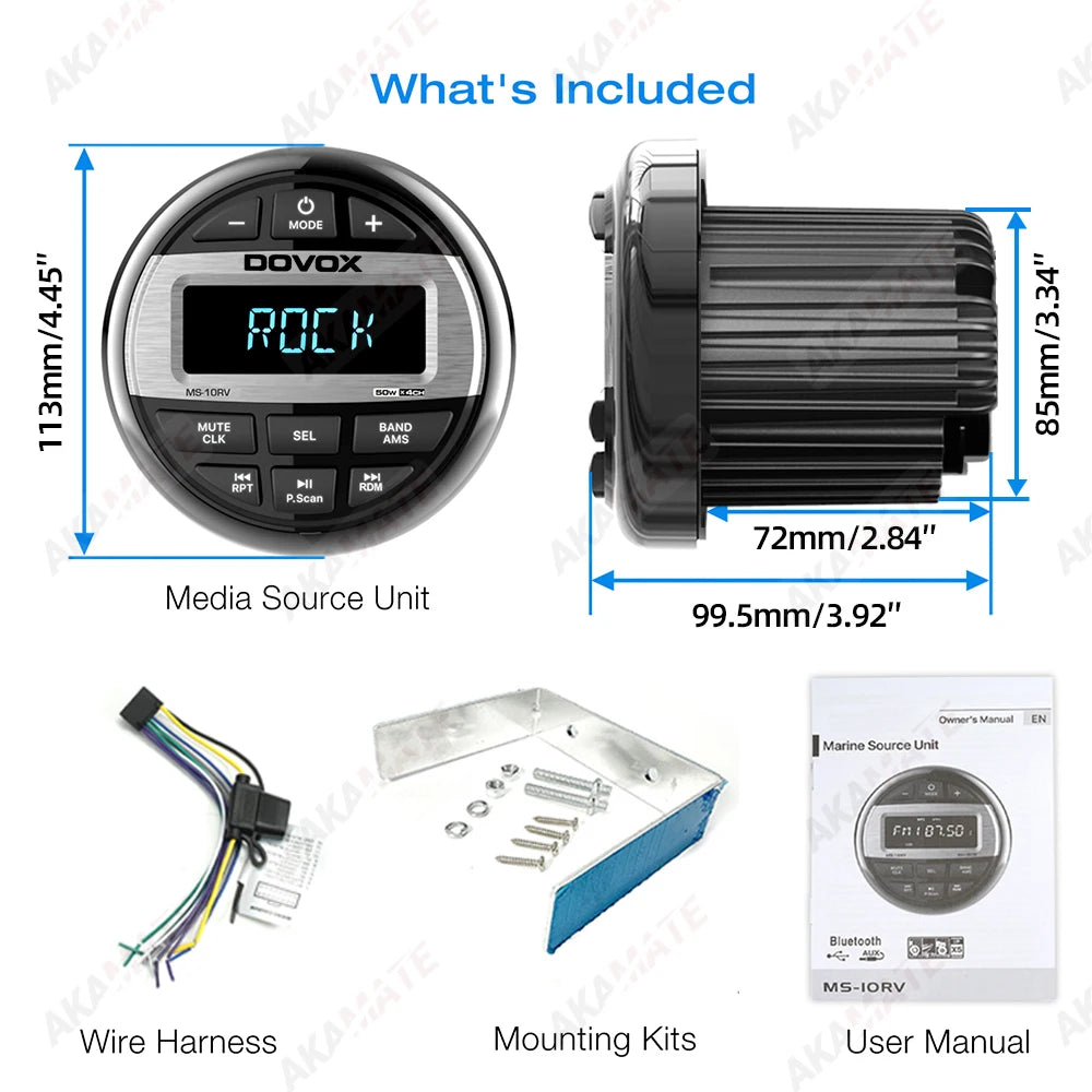 For RV Car Radio Bluetooth MP3 Music EQ Digital Media Player for ATV UTV Trolley Boat Marine Stereo 200W Speaker FM AM Antenna
