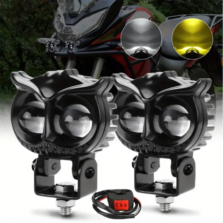 Owl car headlights, motorcycle headlights, yellow and white dual color LED spotlights, driving assistance fog lights, car UTV, t