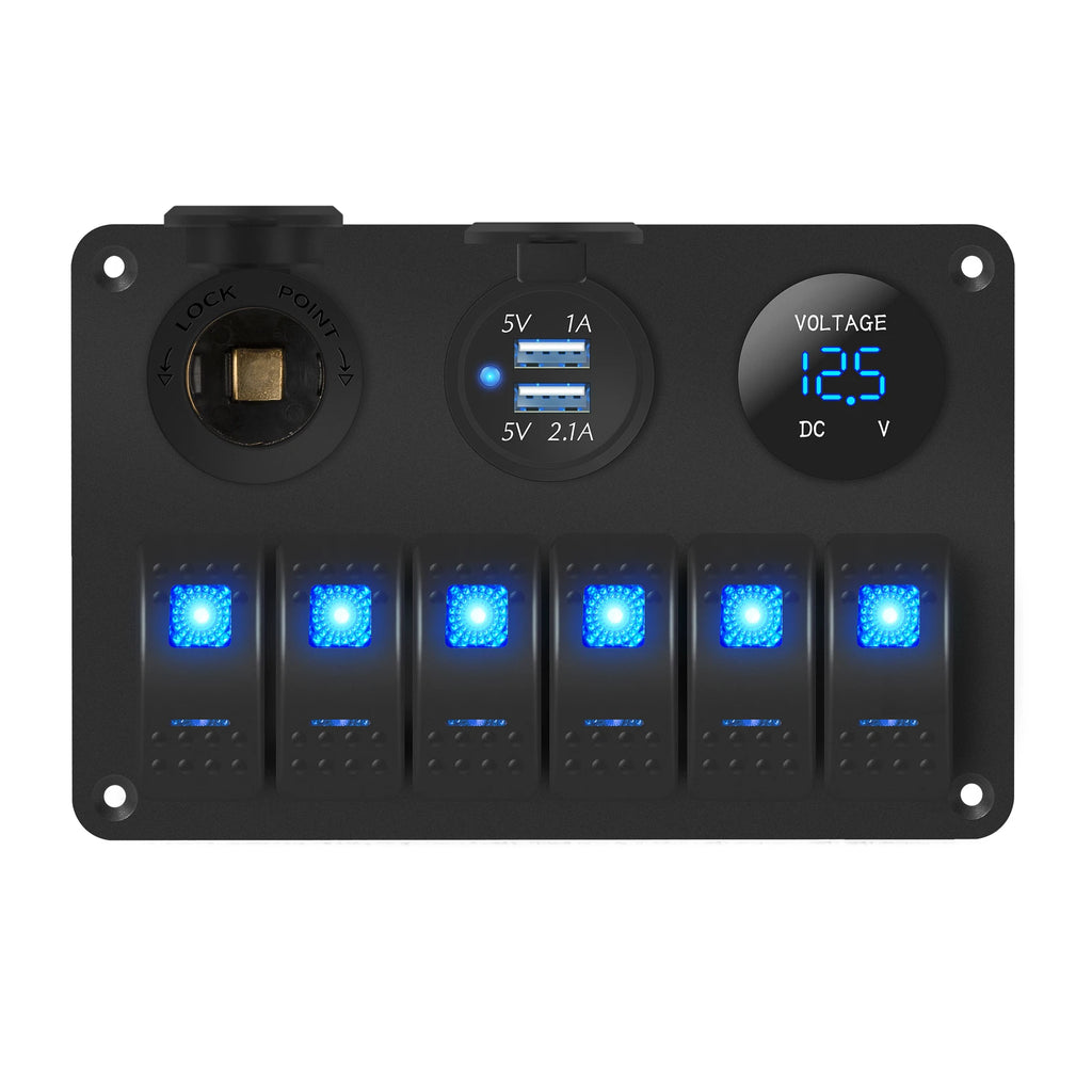 6 Gang Marine Rocker Switch Panel Waterproof 12 Volt, Boat Toggle Switch Panel 12V Blue LED Lighted for Boat Car RV UTV with USB