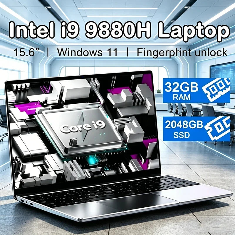 Windows 11 New 15.6 Inch Ultra Slim Laptop Intel Core I9-9880H 32GB RAM 2TB SSD 1920*1080 Gaming Office Study Home Use