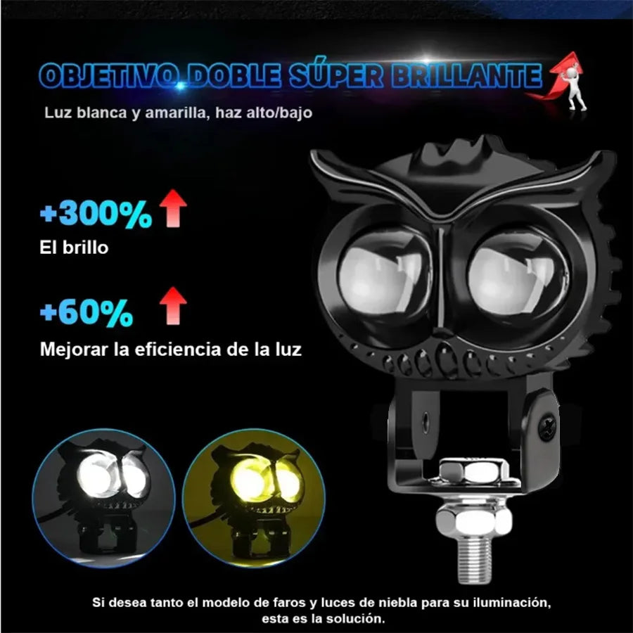 Owl car headlights, motorcycle headlights, yellow and white dual color LED spotlights, driving assistance fog lights, car UTV, t