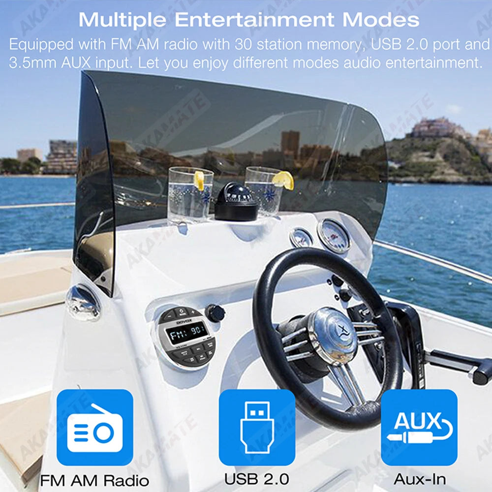 Boat Radio Media Player Marine Stereo MP3 Waterproof Bluetooth Audio Radio FM AM Receiver Fit for Harvesters ATV UTV SPA RZR