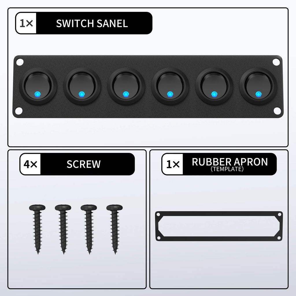 DaierTek 6 Gang Switch Panel 12V Rocker LED Switch Panel 3 Pin 12 VDC 20A SPST On-Off Switch for Marine Boat Car Jeep UTV Truck