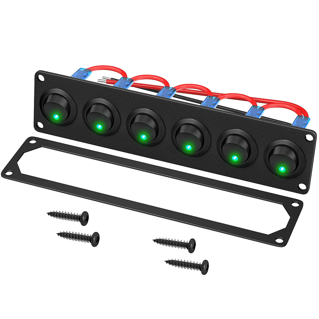 DaierTek 6 Gang Switch Panel 12V Rocker LED Switch Panel 3 Pin 12 VDC 20A SPST On-Off Switch for Marine Boat Car Jeep UTV Truck