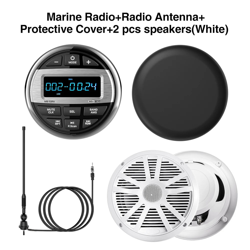 For RV Car Radio Bluetooth MP3 Music EQ Digital Media Player for ATV UTV Trolley Boat Marine Stereo 200W Speaker FM AM Antenna