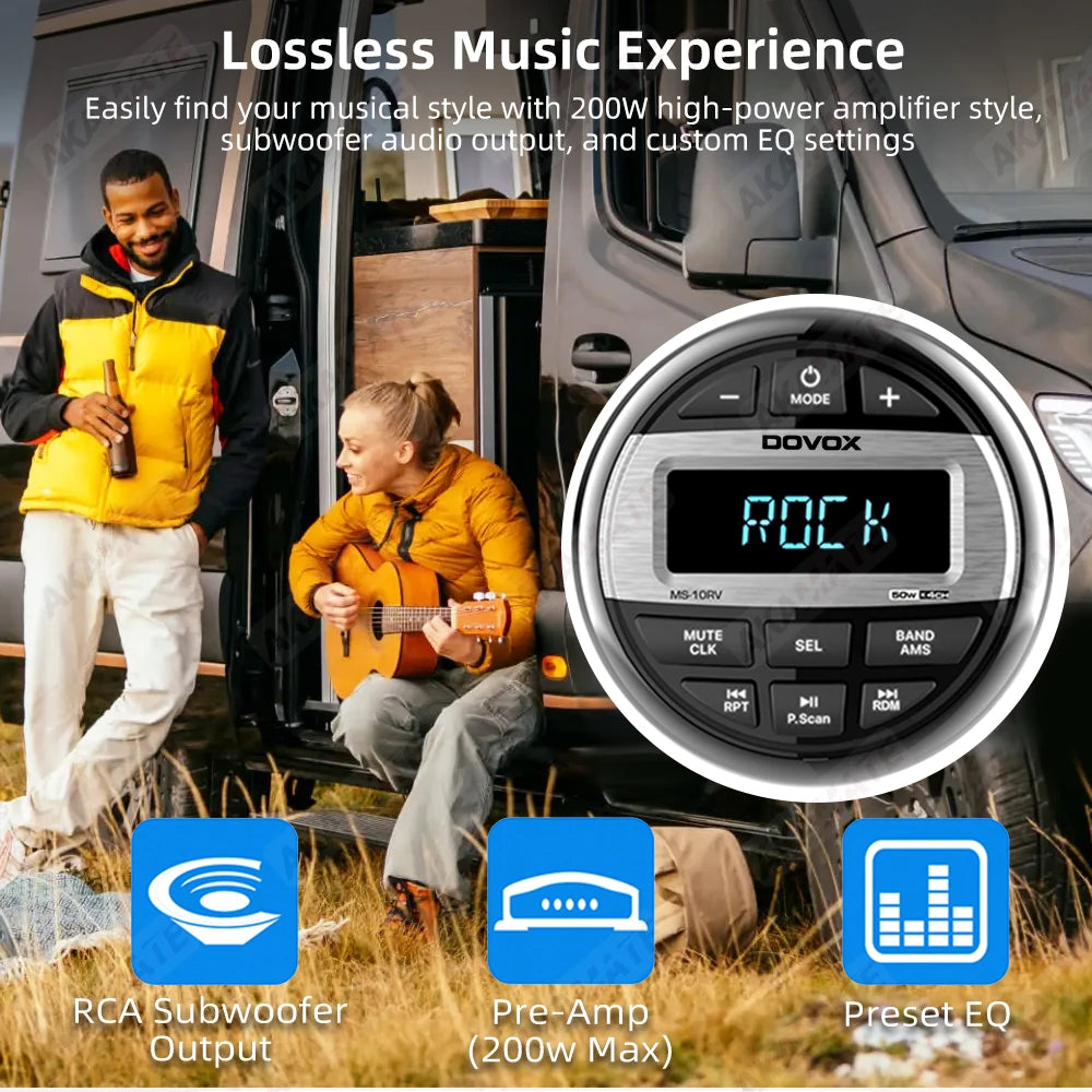 For RV Car Radio Bluetooth MP3 Music EQ Digital Media Player for ATV UTV Trolley Boat Marine Stereo 200W Speaker FM AM Antenna