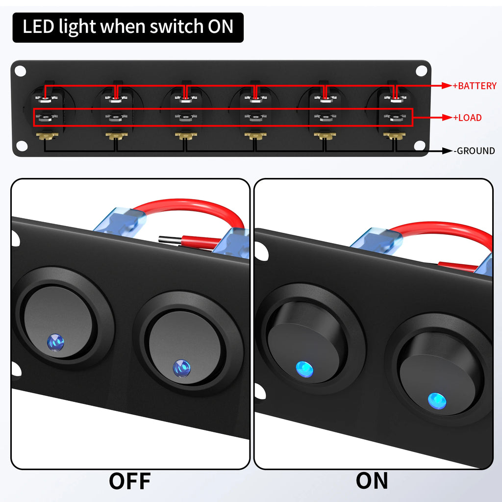 DaierTek 6 Gang Switch Panel 12V Rocker LED Switch Panel 3 Pin 12 VDC 20A SPST On-Off Switch for Marine Boat Car Jeep UTV Truck